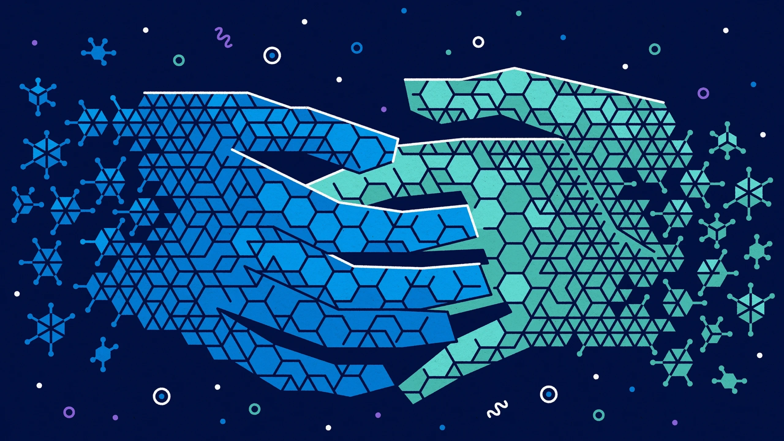 A graphic of human hands composed of viral particles 