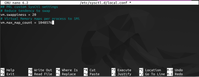Screenshot of Nano (CLI text editor) updating a sysctl setting:  # Virtual Memory maps per process to 1Mi vm.max_map_count = 1048576