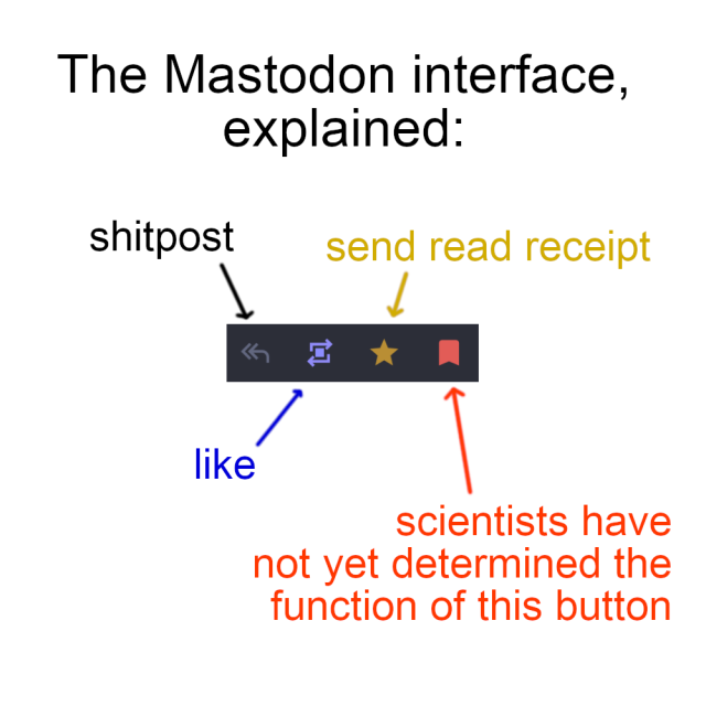 The Mastodon interface, explained:

image of the interaction buttons from below a post, color-coded and labelled as follows:

reply button: "shitpost"
retoot button: "like"
fave button: "send read receipt"
bookmark button: "scientists have not yet determined the function of this button"