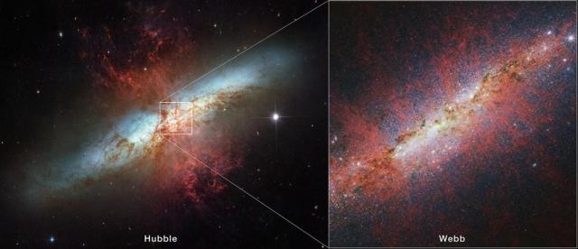 A picture of the unusual galaxy M82 is on the left, while the center is expanding and shown in a JWST image on the right. Many red-glowing filaments eminate out from the plane of the spiral galaxy.
