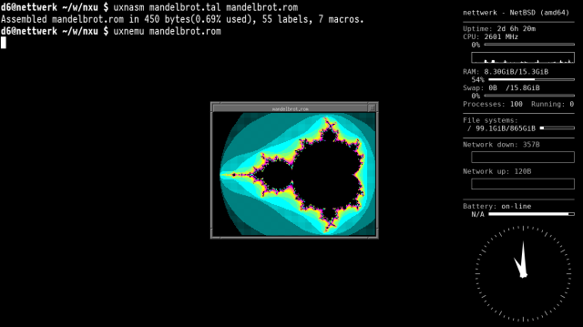 screenshot from my laptop running netbsd 10. most of the screen is a taken up by a black and white terminal emulator, with a side panel showing the time and other stats. there is a program running visualization of the mandelbrot using 4 colors with dithering.