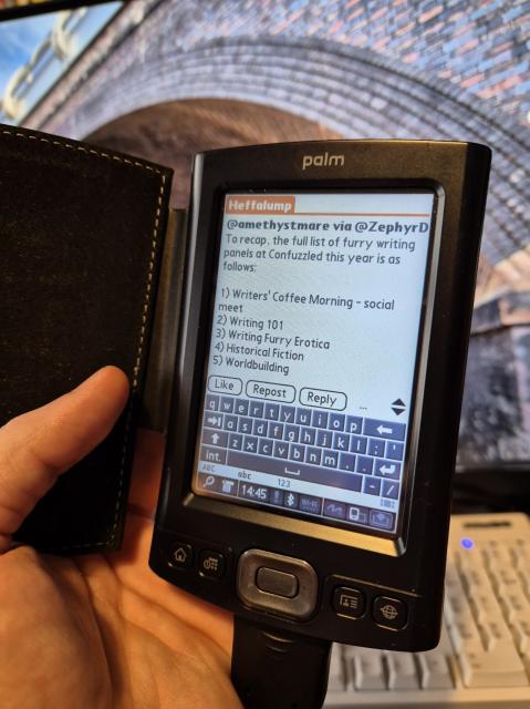 A Palm TX handheld showing a tweet from @amethystmare using the Heffalump client.