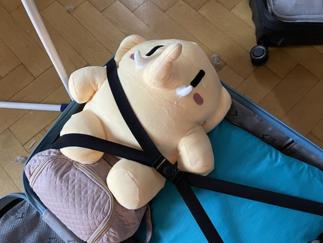 A stuffed Mastodon toy strapped into a suitcase.