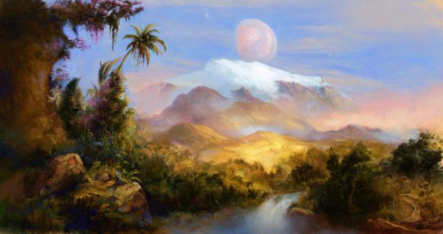 "Mountain in the Jungle, Habitable exomoon."

Ekaterina Valinakova, Public domain via Flickr: https://flic.kr/p/2aUp7my