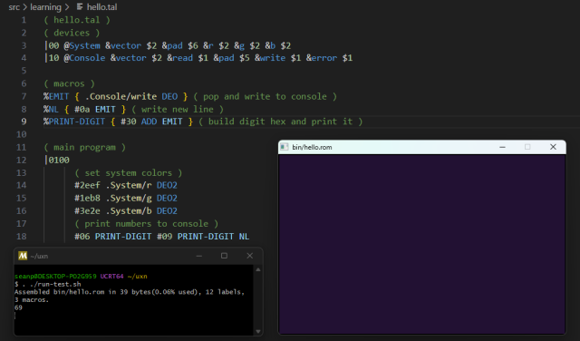 Uxn code and its results when built and run: a window with a purple background and the number 69 printed to the console