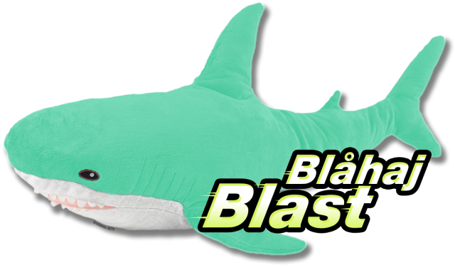Ikea Blåhaj plushie but coloured a greenish teal instead of blue, with a text resembling the Mountain Dew Baja Blast logo reading "Blåhaj Blast"