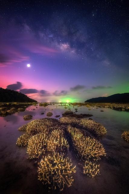 "Night with the stars and the Milky Way On the day when the sea level is low until the coral emerges from the water at Surin Islands National Park"

Shane WP Wongperk, CC BY-SA 4.0, via Wikimedia Commons.