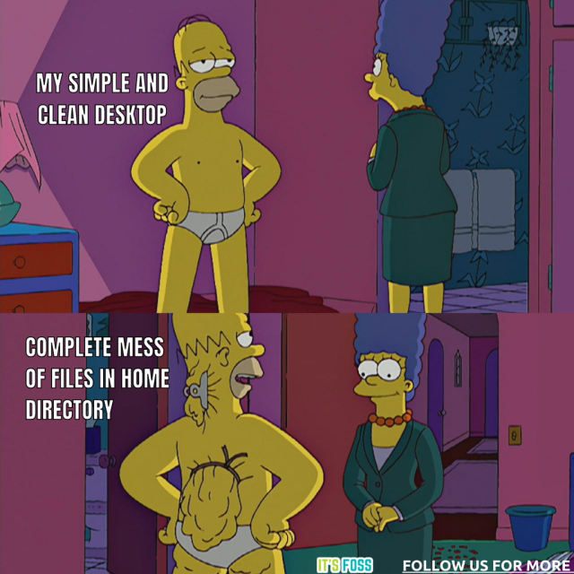 There are two slides to this meme:

In the first slide, Homer Simpson is standing with just his underwear on, the slide says, “My Simple and Clean Desktop”.

On the second slide, we can see Homer's back tied and clipped to prevent any skin sagging, the slide says, “Complete Mess of Files in Home Directory”.