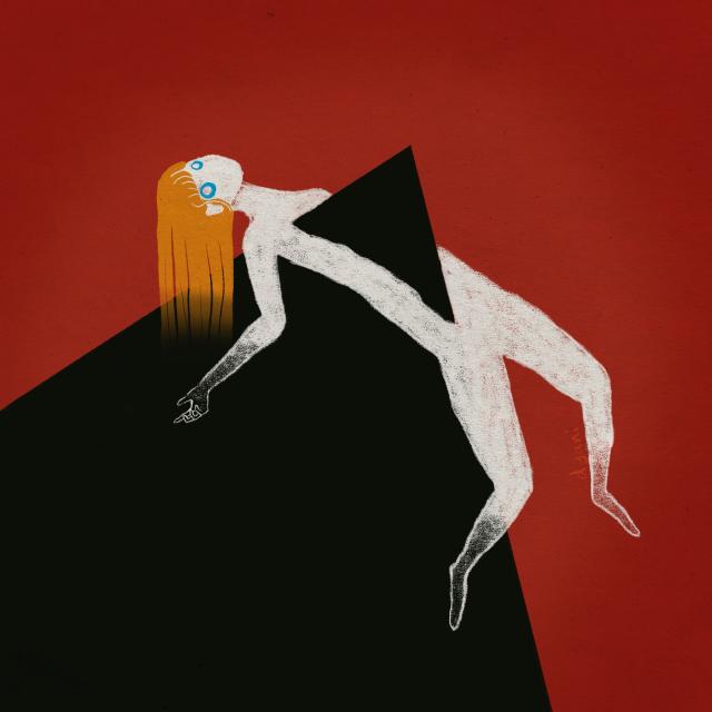 Illustration of a stylized human figure with elongated limbs, vacant blue eyes, and long disappearing hair, being speared through the torso on top of a triangle of pure black, against a red background.