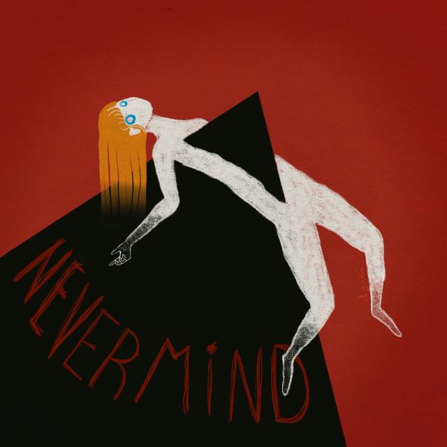 Same illustration but with the addition of scratched letters on the black triangle that say NEVERMIND