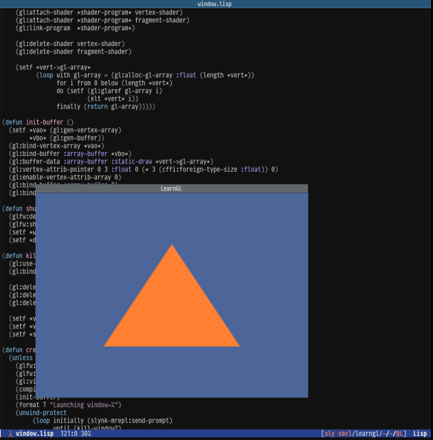 Screenshot of an orange triangle displayed in a floating window with a blue background. There's a second window behind the floating one displaying an Emacs buffer responsible for the triangle.