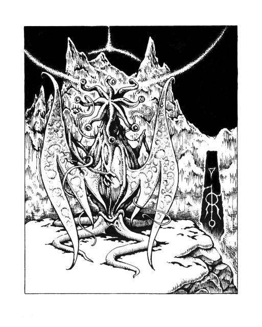ink illustration of an elder thing from at the mountains of madness by Lovecraft with wings and a creepy starfish-like head against mountains and with a dark monolith to the side.