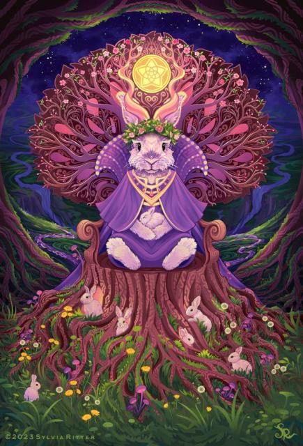 The Queen of Coins card shows a down-to-earth rabbit queen wearing jackalope antlers as a crown.
This queen has a good work-life balance. She cares for her family, the rabbit kingdom's business affairs and everybody's overall well-being. Her tree throne and its roots manifest how well-grounded she is with earth and reality. The flower headdress represents how little she needs, gold or precious metals aren't important to her. 

The flowers on the throne (cherry blossoms - buds to flowers) and on the ground (dandelions - flowers to seed head) transition from spring to summer. It's night. The background shows the vast lands she reigns. In front of the throne, her little ones are gathered; the throne is also their home with room for cozy rabbit holes. It is a secure and wonderful place to grow up and be cared for. https://www.deviantart.com/sylviaritter/art/Queen-of-Coins-966934162