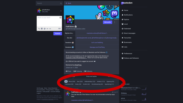 Screenshot of how featured hashtags were originally supposed to be displayed on Mastodon, as a set of filters above the main timeline of a profile which could be clicked to only display those posts. This is in great contrast to the actual implementation where they are off to the side on desktop and invisible on mobile.