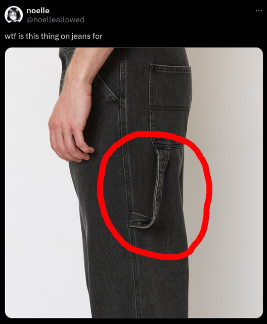 Jeans with a big strap, user asks "wtf is this thing on jeans for"