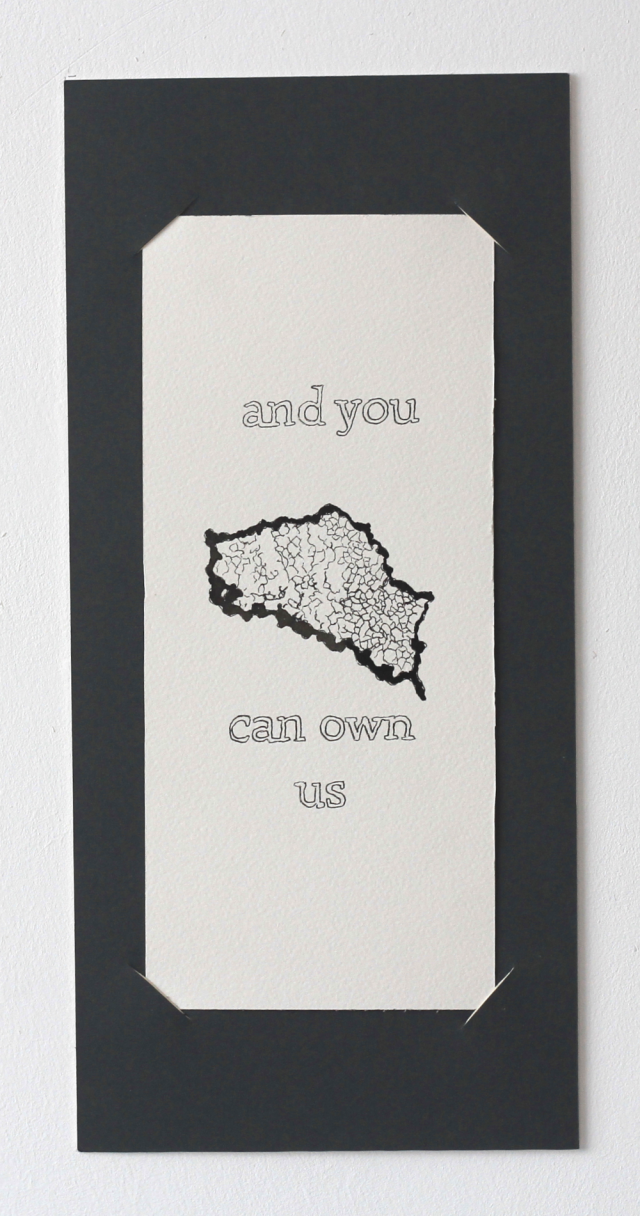 An ink drawing of a crustose lichen that looks like a map of a country with county borders. The words 'and you can own us' are hand-written in a computer-like font