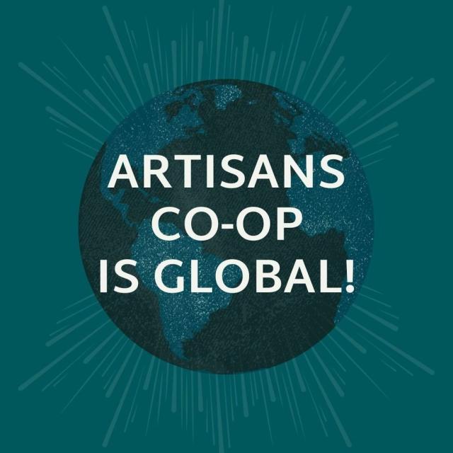 A graphic of a blue and green knitted earth, some rays emanating from the earth image, with the text "Artisans Coop is Global" in white letters on top.