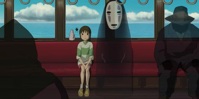 Train scene from Spirited Away with Chihiro, No Face, and their companions by Studio Ghibli