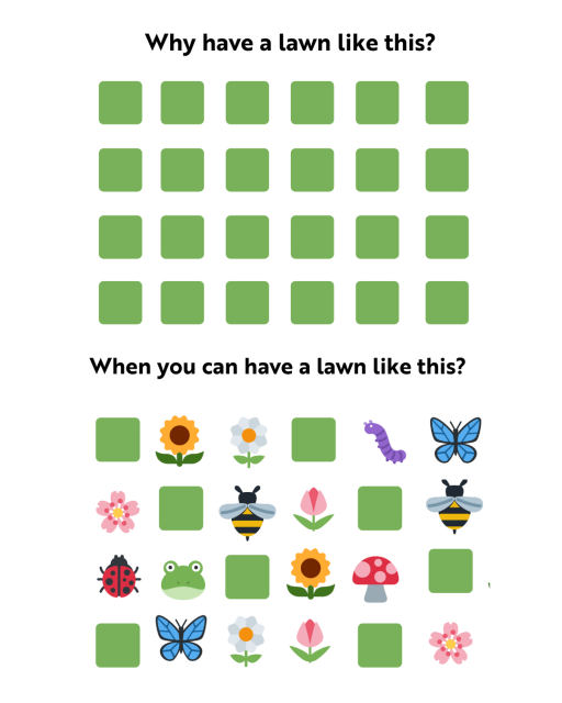 The image presents a comparison between two types of lawns to promote #NoMowMay. On the top, titled "Why have a lawn like this?" it displays a grid of uniform green squares representing a plain, regularly mowed lawn. On the bottom, titled "When you can have a lawn like this?" the grid intersperses colourful icons of a sunflower, a pink flower, a ladybug, a frog, a bee, a butterfly, a white flower with a yellow centre, a tulip, another sunflower, a red mushroom with white spots, and additional flowers, symbolising a lively, biodiverse lawn encouraged by letting grass grow naturally during May and beyond.