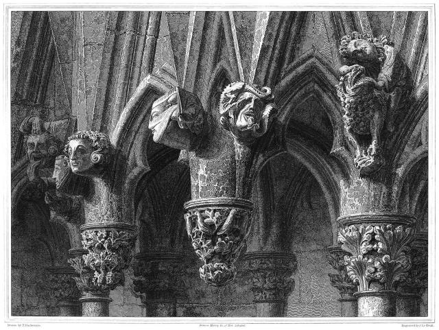 Architectural decoration from the chapter house of York Minster showing foliated sculptures, human figures, and animals