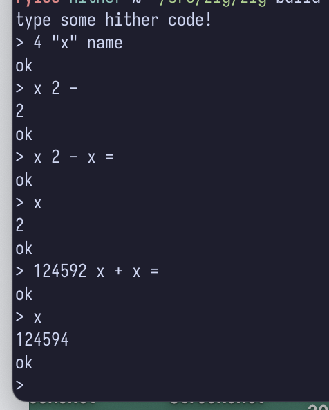 a little code demonstrating naming a new variable x, using and reassigning it. the code is in "reverse Polish notation" so that what would usually be "x - 2" is written as "x 2 -" here