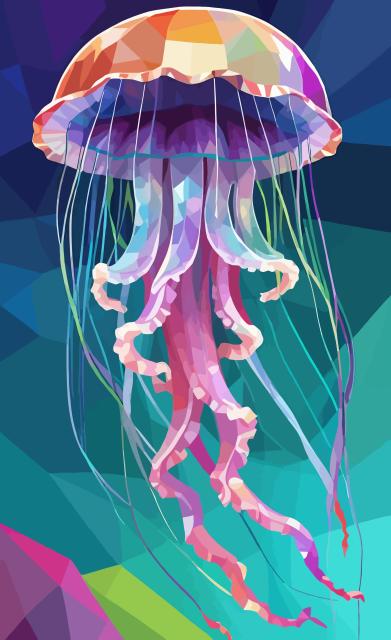 This WPAP portrait of a jellyfish features bold geometric shapes and vivid colors, highlighting the graceful and ethereal nature of this sea creature. The intricate patterns and dynamic composition capture the mesmerizing beauty of the jellyfish as it gracefully glides through the ocean depths. The vibrant hues and sharp angles create a sense of movement and energy, bringing this captivating marine animal to life in a unique and modern artistic style.