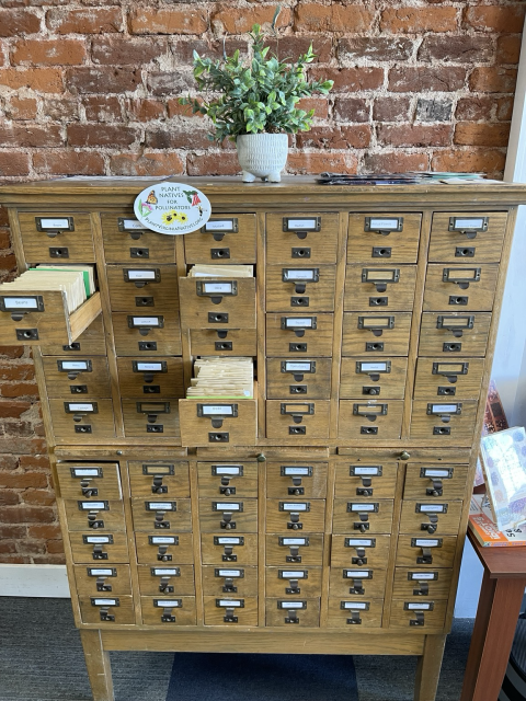 An old card catalog is used to hold seed packets.  