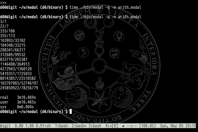 terminal window showing the first 12 rational approximations (convergents) the number pi. at the bottom the output shows that it took 3 minutes and 10 seconds to run.