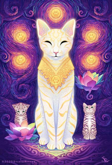 Six of Coins. Meaning: Charity, Support, Giving, Receiving, Generosity. In the center, we can see a happy white cat goddess decorated with intricate golden patterns and a golden necklace containing one of the six coins. There are two rainbow-colored lotus flowers (on the left open, on the right still closed) on each side. On the left, a small kitten is looking in the lotus flower which is filled with milk. It can see itself mirrored in it. On the right, we can see another kitten looking up to the roots of the flower. In the background, we can see the other five coins shining like stars. They are surrounded by brush strokes which could symbolize the passing of time. https://www.deviantart.com/sylviaritter/art/Six-of-Coins-864335708