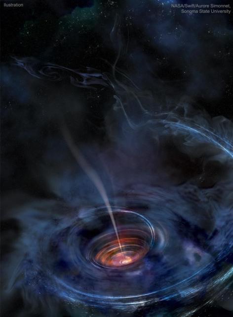 A swirling blue disk is illustrated with a deep colorful indentation in the middle. A light colored jet shoots out of this middle, from a small dot that is a black hole.