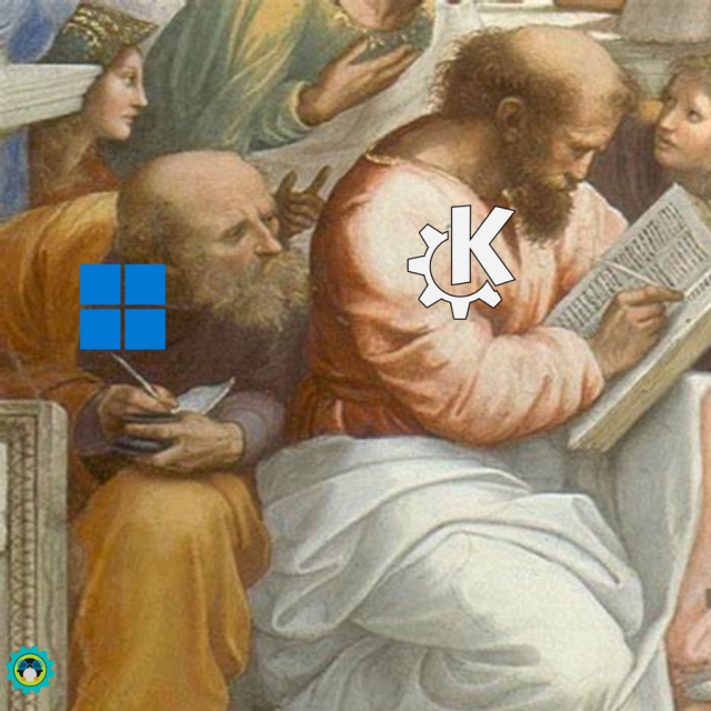 There are many people in the picture, but one of them is writing something in a notebook, it is KDE.

Then, there's another person who is copying the other person's work, it is Windows.