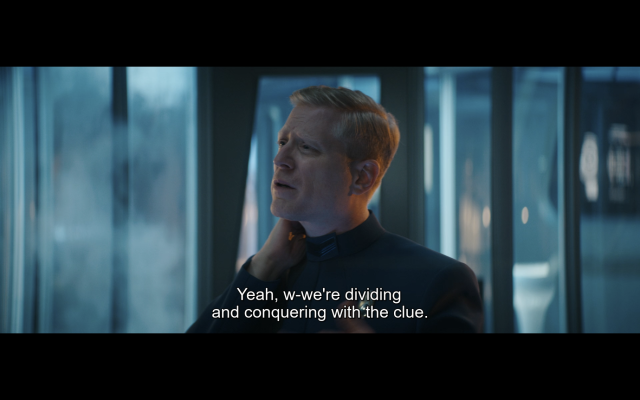 Stamets from Star Trek Discovery, facing another character off screen to the viewer's left, looking tired and confused saying, "Yeah, we're dividing and conquering with the clue."