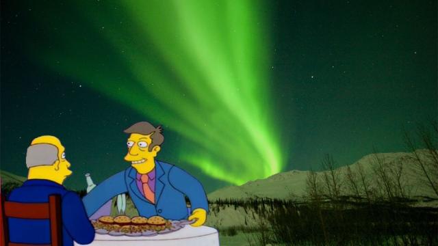 principal skinner serving steamed hams in front of the aurora borealis 