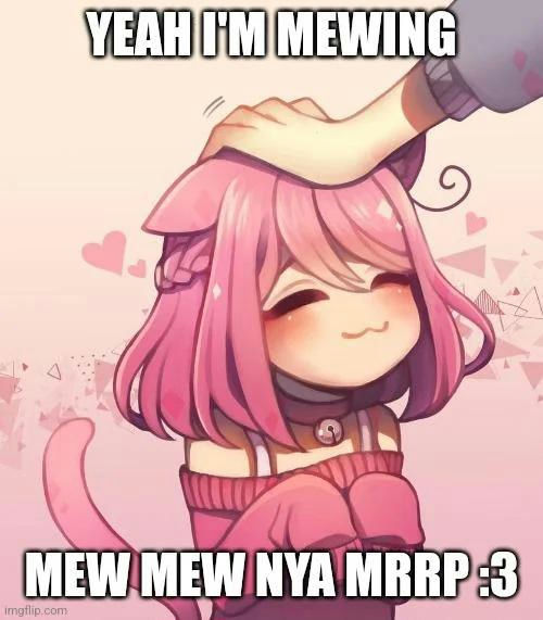 An meme of a anime catgirl being headpatted with the caption, "Yeah I'm mewing. Mew mew nya mrrp :3"