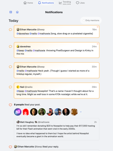 Notifications page showing different interactions