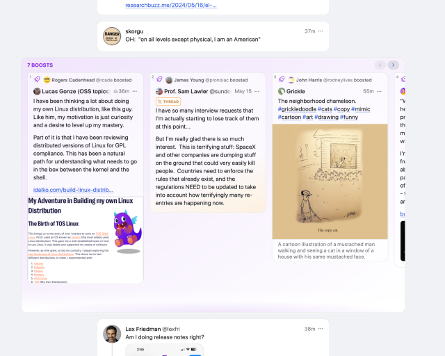 Boosts are rolled up into a carousel of toots you can view with sideways scrolling
