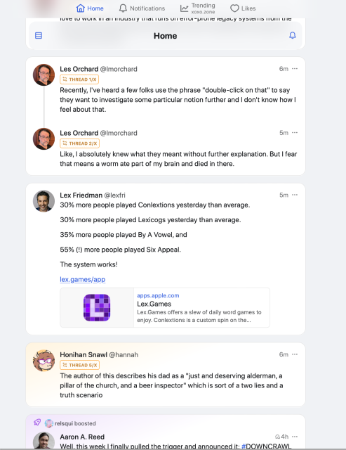 Threads are shown grouped together and single posts from threads are indicated as such.
