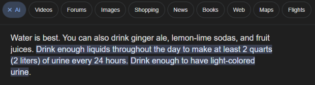 Water is best. You can also drink ginger ale, lemon-lime sodas, and fruit juices. Drink enough liquids throughout the day to make at least 2 quarts (2 liters) of urine every 24 hours. Drink enough to have light-colored urine.,