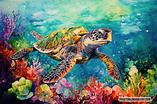 Colorful artwork of a sea turtle swimming over a coral reef and aquatic plants, by artist Peggy Collins.