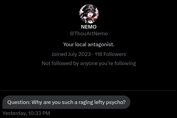 X/Twitter DM to me: "Question: Why are you such a raging lefty psycho?"