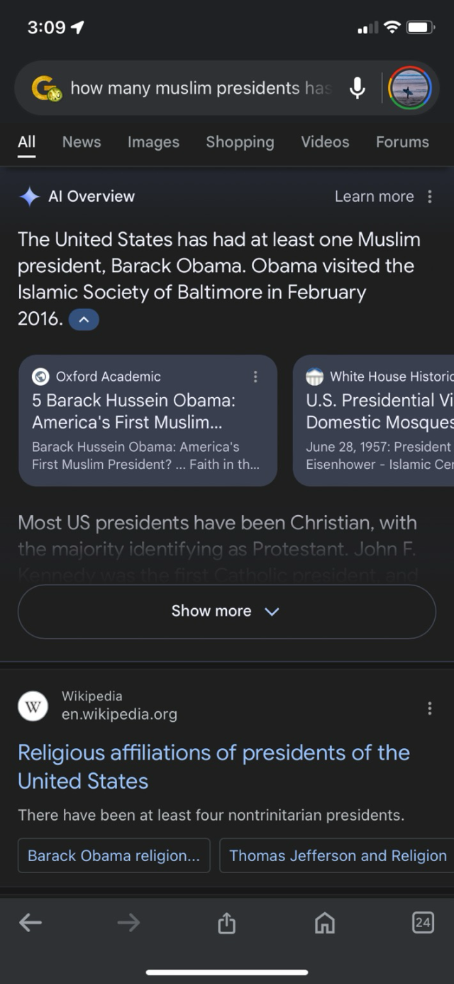 Google search result with “AI overview” stating: “The United States has had at least one Muslim president, Barack Obama. Obama visited the Islamic Society of Baltimore in February 2016.”