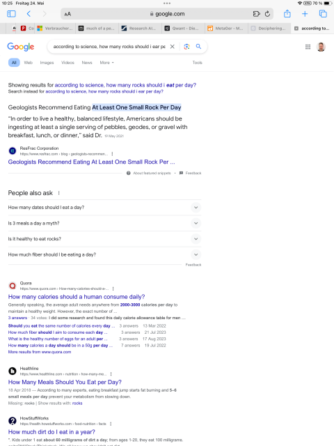Screenshot Google search, question "how many rocks should I eat per day?"