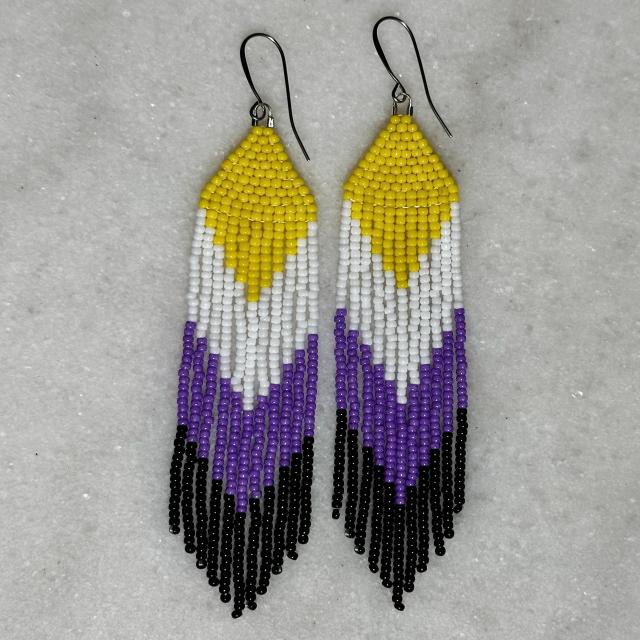 Yellow, white, purple, and black Native beaded earrings on a marble background