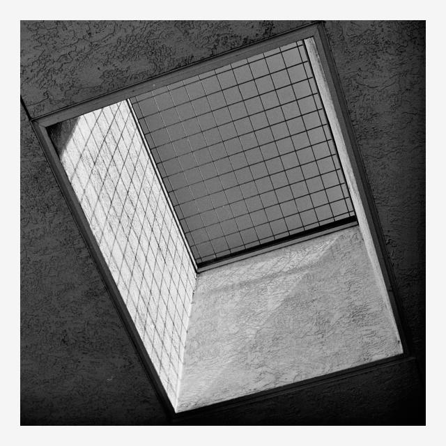A black and white photograph of a ceiling structure featuring a rectangular grid. The image captures an upward view of the ceiling with a square section open to the sky, revealing a mesh grid pattern. The surrounding ceiling surface has a rough, textured finish.