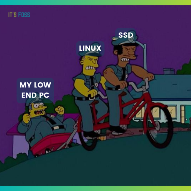 There are three people, two of them, Linux and SSD are cycling up an incline, at the back there is a trailer attached with a person sitting on that, they are called “My Low End PC”.