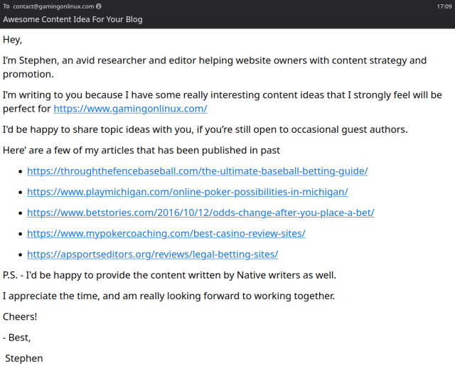 Some idiot spammer wanting to post their awesome gambling articles on gamingonlinux