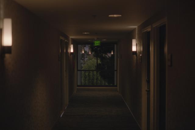 A hotel corridor illuminated by artificial light, leading to a window, where you can see vegetation in the light of dusk. Above the window, a green "EXIT" sign.