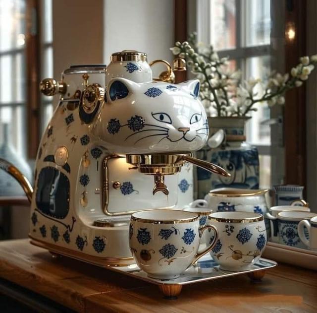 Ceramic tea or espresso set shaped like a cat. not sure if it's real or AI.