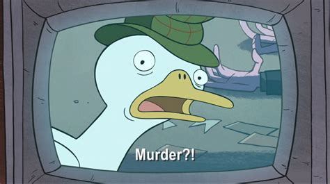 A still capture image from the animated television show "Gravity Falls."  An old tube television is depicted.  On the screen, a white duck with a yellow bill is wearing an old-fashioned green-plaid hat.  The duck is looking directly at the viewer, with human eyes giving an alarmed impression, and its bill is open as if it is speaking.  The caption at the bottom of the screen reads, "Murder?!"