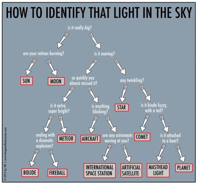 An illustration is shown which is a decision tree for identifying a light that might be seen in the sky. The background is gray, and the text is black in red-lined boxes.